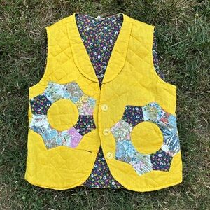 Handmade vintage yellow floral guilt vest fits a women’s Large